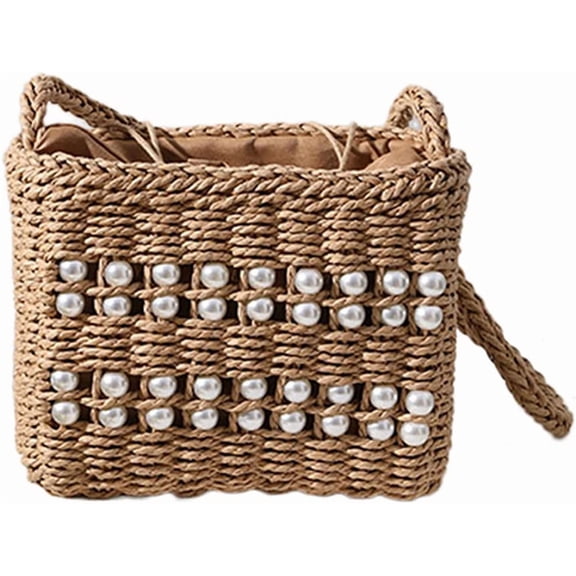CoCopeaunt Straw Bags for Women, Pearl Crossbody Purses Shoulder Straw Handbag Vintage Handwoven Bag Summer Beach Bag