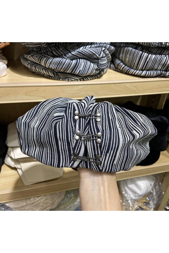Striped Cotton And Linen Octagonal Hat, Female Leisure Fashion Metal Buckle Beret Show Face Small Cloud Hat Tide