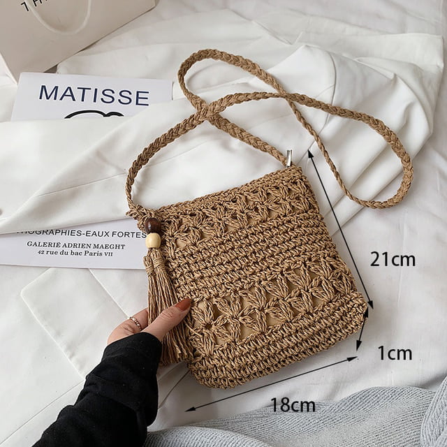 Cocopeaunt Summer Fashion Small Straw Weaving Shoulder Bags for Women Casual Tassel Beach Crossbody Bag Purse Hollow Out Messenger Handbags, Adult