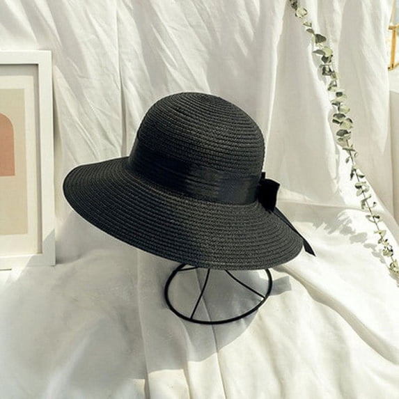 CoCopeaunt Summer Korea Fashion Ribbon Bow Lady Straw Hat Beach Resort Sun Block Foldable Beach Hat