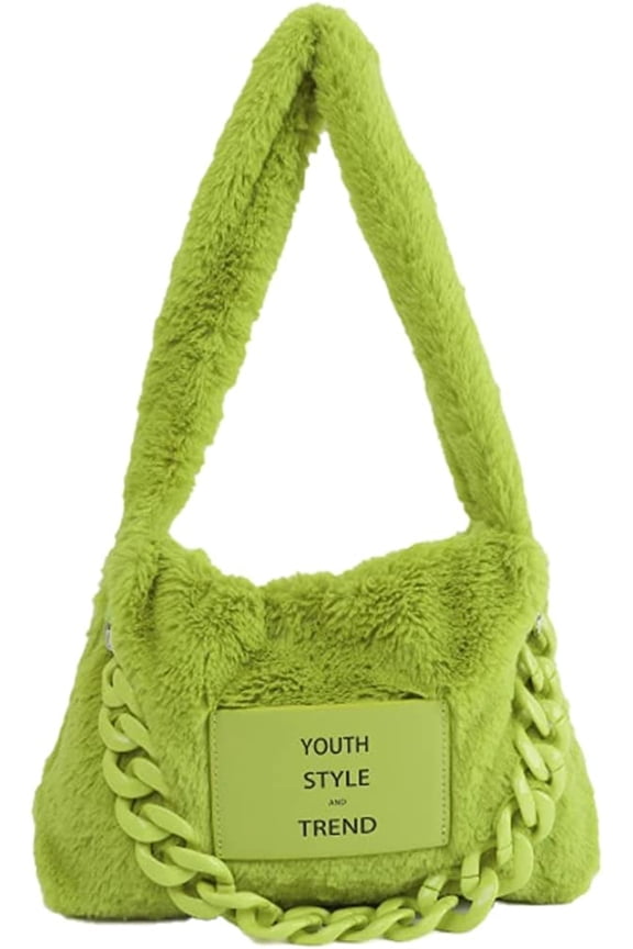 Tote Bag Women Cozy Fleece Plush Shoulder Bag Trendy Quilted Casual Soft Handbag with Chain