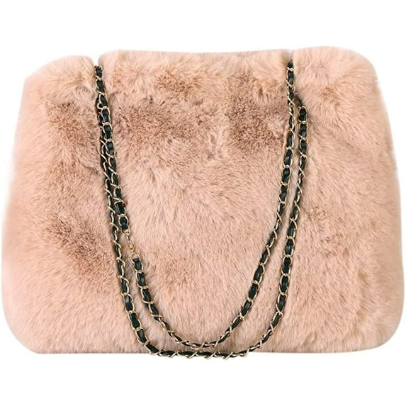 CoCopeaunt Tote Bag Women Cozy Fuffy Fleece Plush Trendy Large Shoulder Bag Quilted Casual Soft Chain Handbag