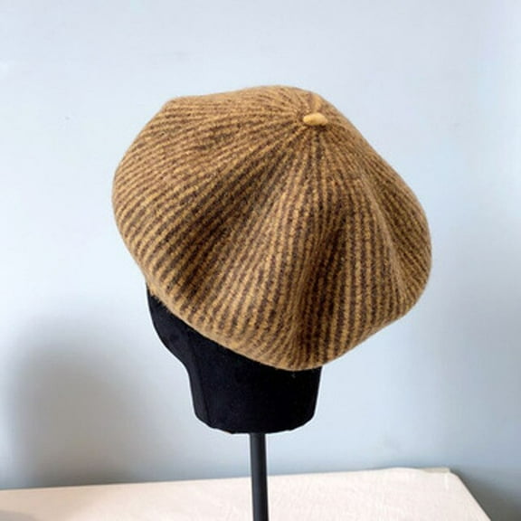 CoCopeaunt Vintage Wool Beret, Women’S Autumn And Winter Art Two-Color Striped Pumpkin Cap, The Artist Hat Octagonal Cap