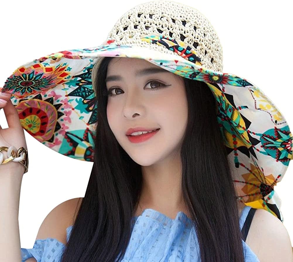 CoCopeaunt Wide Brim Straw Sun Hat for Women Lady Sun Protection Bucket Hat  Fashion Exotic Print Beach Caps Soft Lightweight Outdoor