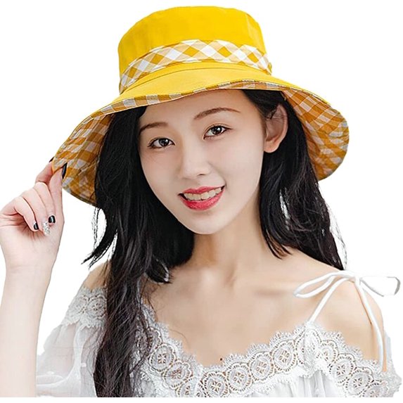 CoCopeaunt Wide Brim Sun Hat for Women UV Sun Protection Bucket Hat Fashion Checkboard Beach Hat Reversible Foldable Summer Cap Outdoor