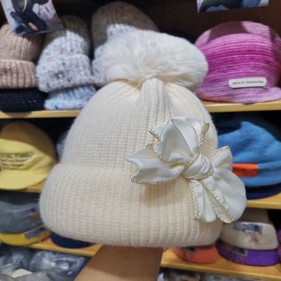 CoCopeaunt Winter New Large Bow Knitted Hat, Thick Warm Earmuff Hat Japanese Department Lovely And Sweet