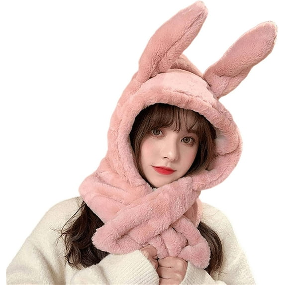 CoCopeaunt Women Bunny Ear Scarf Beanie Hat 2 in 1 - Balaclava Cute Thick Knitted Fleece Sherpa Hat for Winter Outgoing