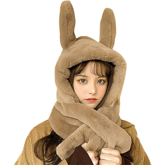 CoCopeaunt Women Bunny Ear Scarf Beanie Hat 2 in 1 - Balaclava Cute Thick Knitted Fleece Sherpa Hat for Winter Outgoing