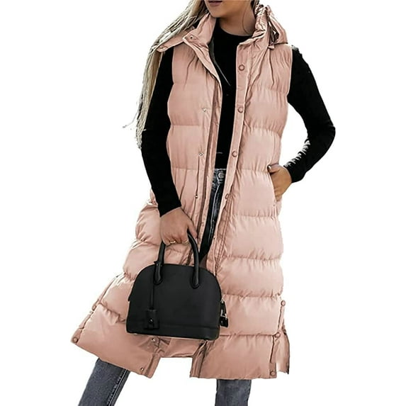 CoCopeaunt Women Hooded Long Vest Sleeveless Warm Lightweight Quilted Down Puff Gilet Vests Winter Trendy Outerwear Coats