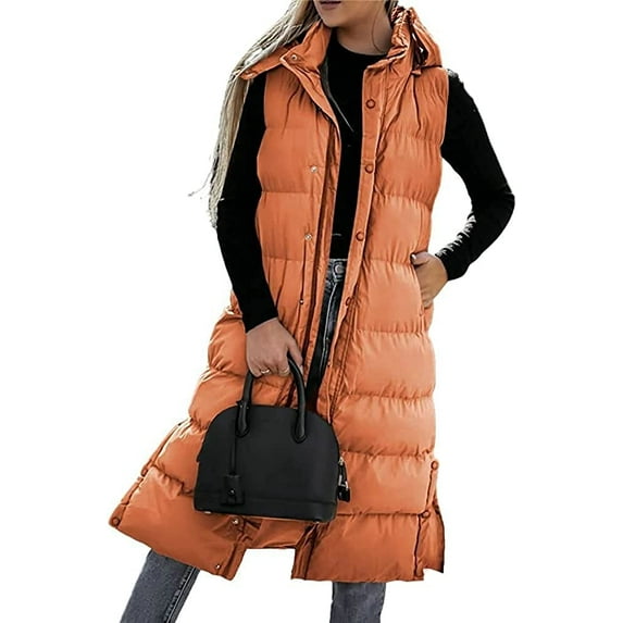 CoCopeaunt Women Hooded Long Vest Sleeveless Warm Lightweight Quilted Down Puff Gilet Vests Winter Trendy Outerwear Coats