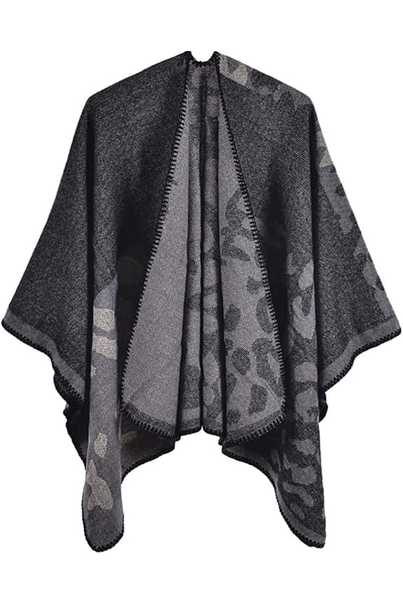 Women Leopard Shawl Wraps Winter Classic Poncho Sweater Cardigan Cape Open Front Long Coat Scarf