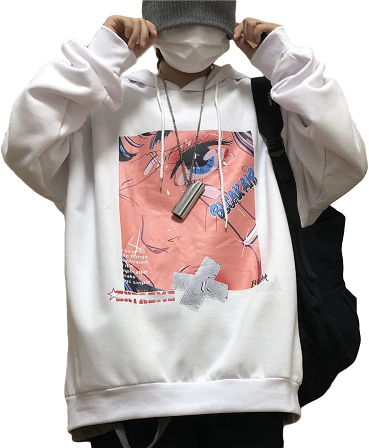 CoCopeaunt Men Y2K Harajuku Hoodie Japanese Anime Manga Print Fake Two Piece  Aesthetic Hooded Sweatshirt Cartoon Street Pullover 