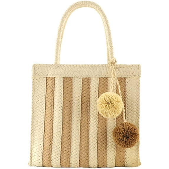 CoCopeaunt Women Pompom Beach Straw Tote Bags Hand-Woven Summer Top-handle Handbag