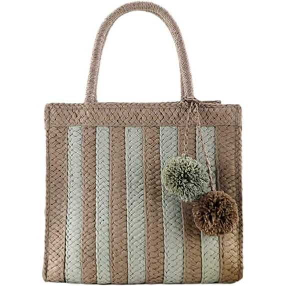 CoCopeaunt Women Pompom Beach Straw Tote Bags Hand-Woven Summer Top-handle Handbag