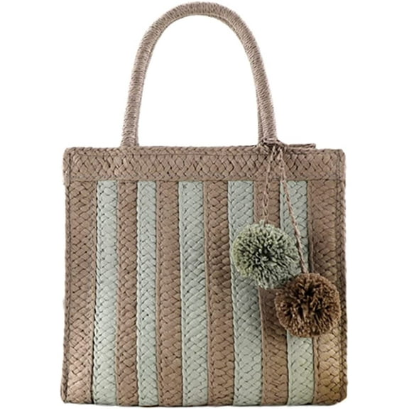 CoCopeaunt Women Pompom Beach Straw Tote Bags Hand-Woven Summer Top-handle Handbag