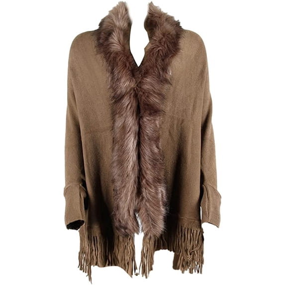 CoCopeaunt Women Poncho Shawls Trendy Warm Wool Collar Tassel Cardigan Cape Coat Sweater
