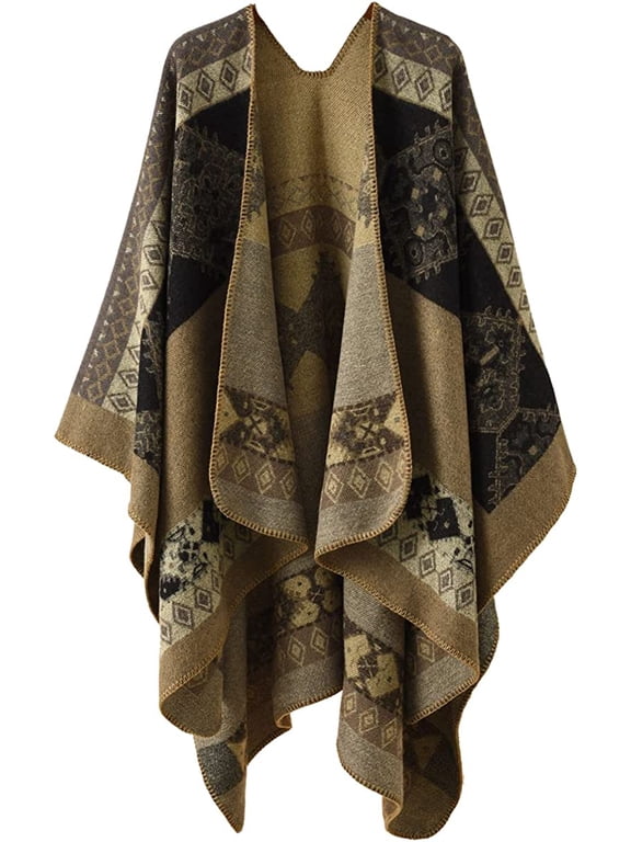 Women Shawl Wraps Warm Plaid Poncho Blanket Open Front Sweater Cardigan Cape Fall Winter Fleece Scarf Coat