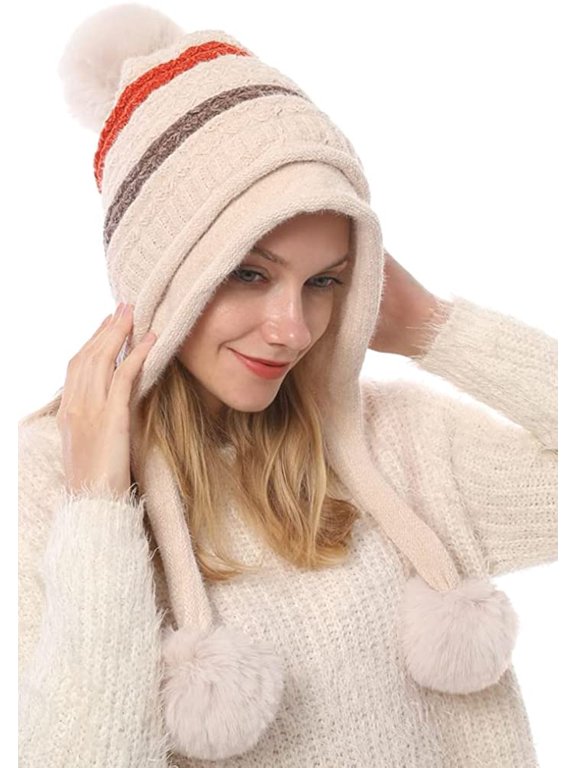 Women Slouchy Chunky Beanie Pompom Skull Hat Knit Warm Soft Fuzzy Lined Thick Trendy Cap