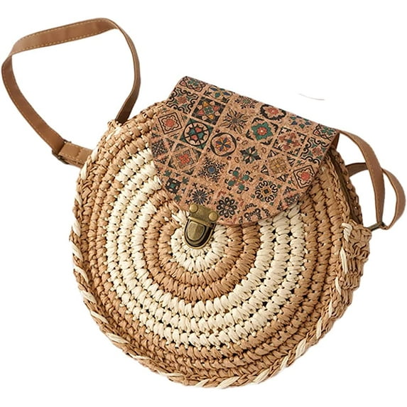CoCopeaunt Women Straw Beach Bags Round Summer Shoulder Tote Bag Handwoven Rattan Crossbody Satchel Handbags Purse