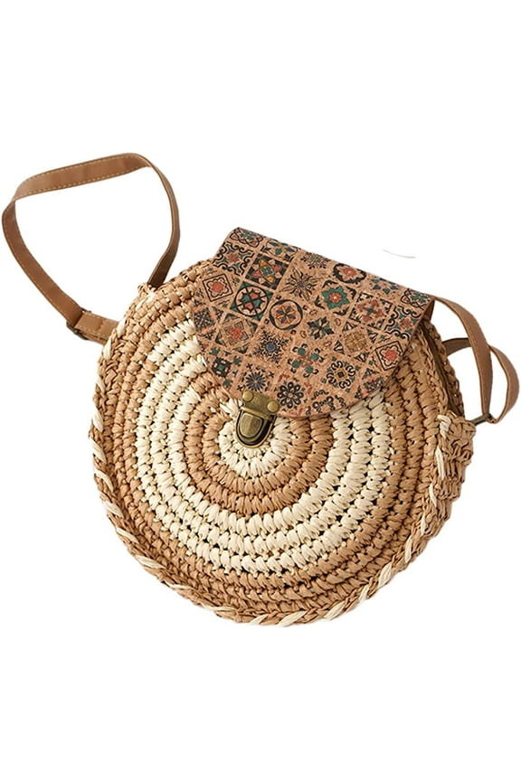 Women Straw Beach Bags Round Summer Shoulder Tote Bag Handwoven Rattan Crossbody Satchel Handbags Purse