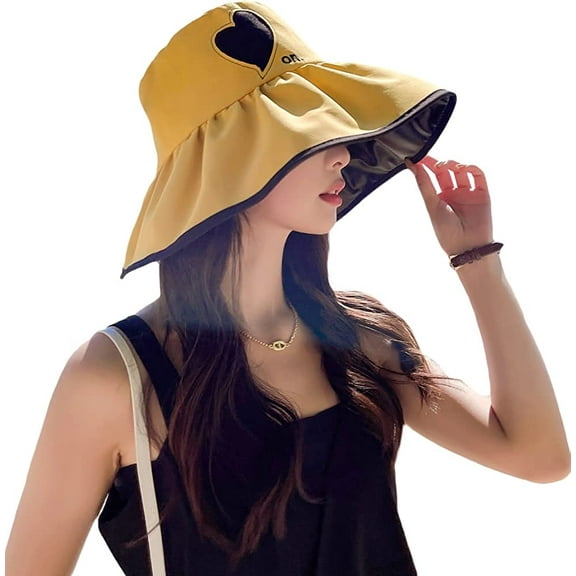 CoCopeaunt Women Wide Brim Sun Hat UV Protection Sun Cap Bucket Hats Chic Heart Summer Hat Foldable Beach Cap for Outdoor Travel Fishing