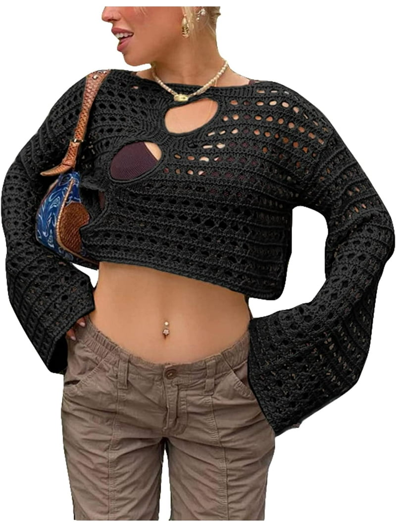 CoCopeaunt Women Y2K Crochet Crop Top Cover Up Shrugs