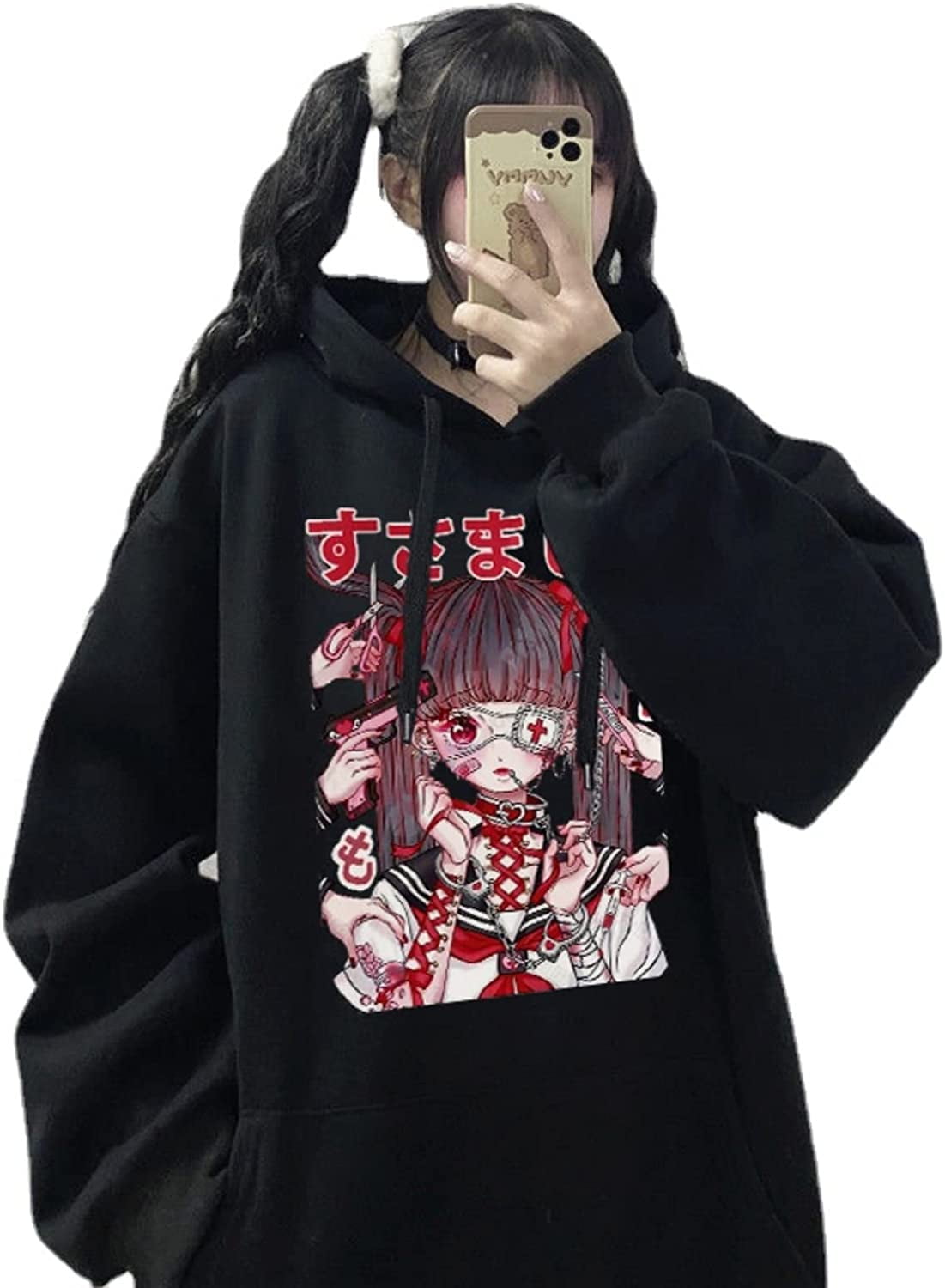 CoCopeaunt Men Y2K Harajuku Hoodie Japanese Anime Manga Print Fake Two Piece  Aesthetic Hooded Sweatshirt Cartoon Street Pullover 