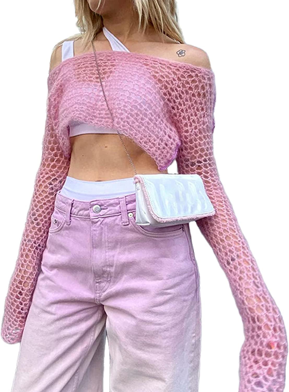 CoCopeaunt Women Y2K Knit Crop Top Sweater, Harajuku Crochet