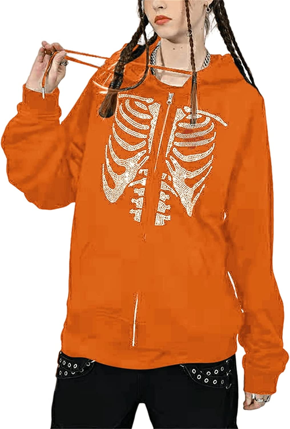 CoCopeaunt Women Y2K Skeleton Zip Up Hoodie Halloween Rhinestone