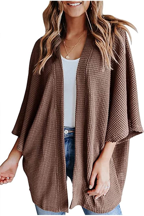 Women's Kimono Open Front Waffle Knit Cardigans Solid Sweater Batwing Sleeve Shawl Collared Soft Slouchy Cloak
