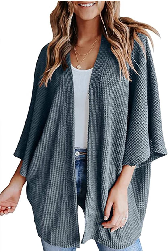 Women's Kimono Open Front Waffle Knit Cardigans Solid Sweater Batwing Sleeve Shawl Collared Soft Slouchy Cloak