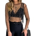 thumbnail image 1 of CoCopeaunt Women's Pearl Rhinestone Tops See Through Long Sleeve Sheer Mesh Blouse Lace Sexy Cover Up Crop Top Fishnet Top, 1 of 6