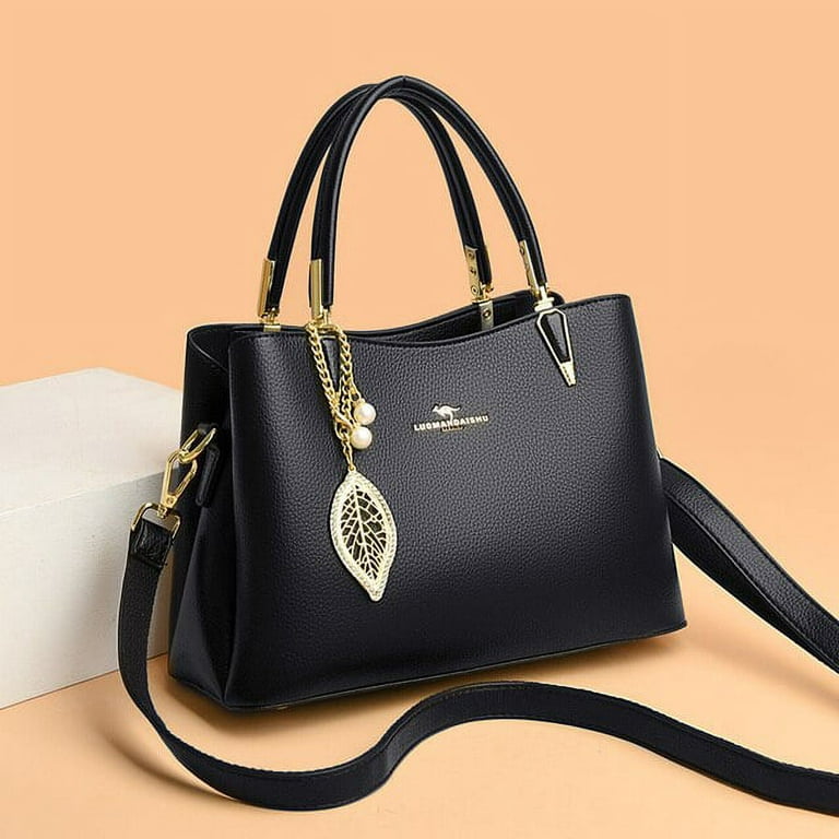 CoCopeaunt Womens Pure Black Shoulder Bags Soft Leather Tote Bag Simple  Leaf Pendant Handbag Female New Brand Designer Shopper Bag