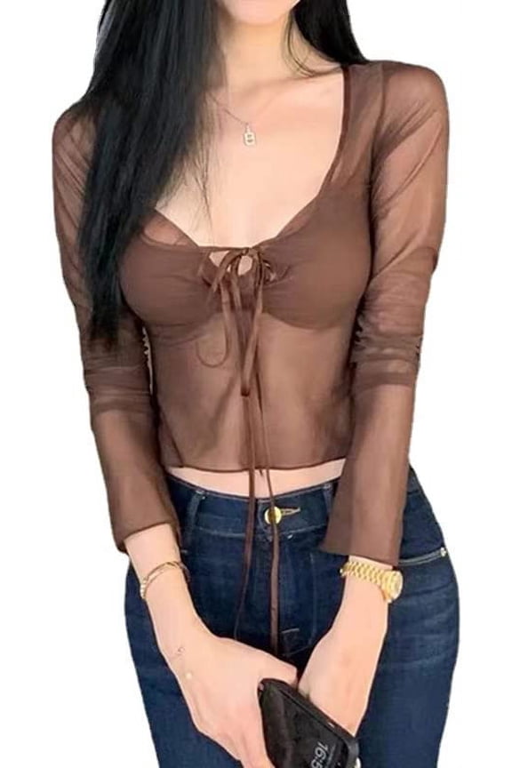 Y2K Crop Top See Through Tops Y2K Sheer Long Sleeve Clothing Grunge Fairy Clothes Aesthetic Clothing Harajuku Blouse