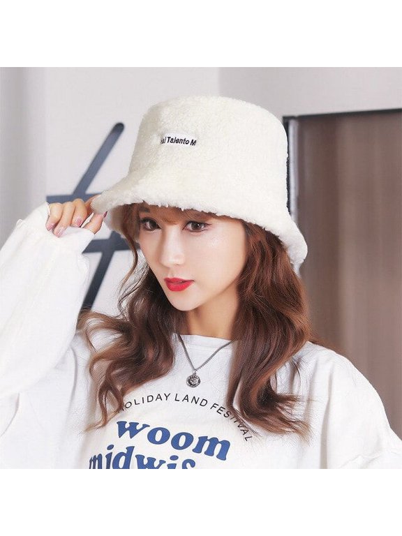 Autumn Winter Lamb Wool Women Bucket Hat Solid Color Fishermans Hats for Ladies Keep Warm Casual Cap Female Flat Top Hat