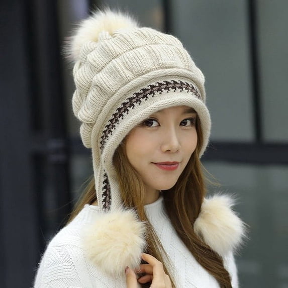 CoCopeaunts Autumn Winter Warm Knit Hat for Women Beanies Hat Sweet Ear Protection Woolen Cap Balaclava Pompom Bonnet Skullies Beanies Hat