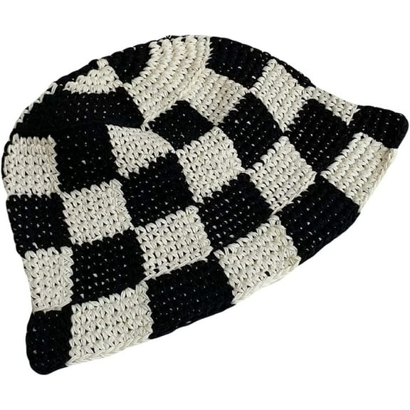 CoCopeaunts Beach Bucket Hat for Women Checkerboard Lattice Fisherman Hat Autumn Winter Wild Wear Hand-Woven Hollow Knitted Hat