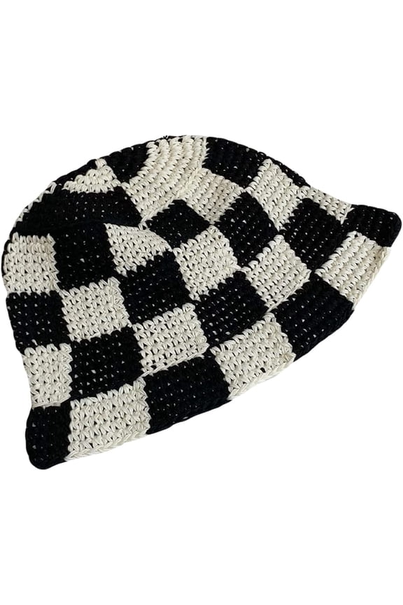 Beach Bucket Hat for Women Checkerboard Lattice Fisherman Hat Autumn Winter Wild Wear Hand-Woven Hollow Knitted Hat