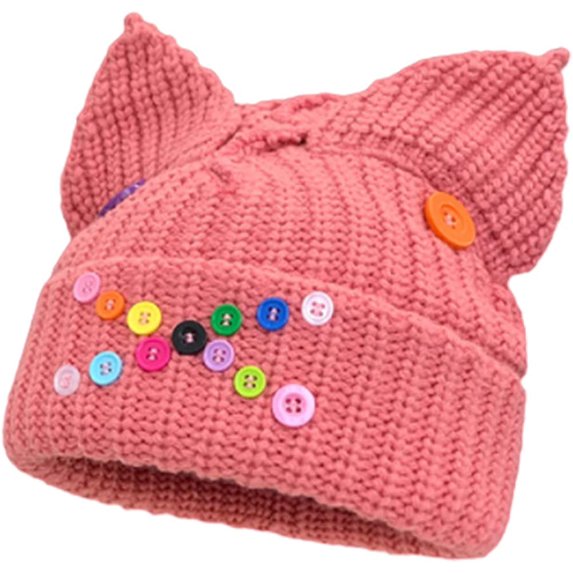 CoCopeaunts Beanies Hat for Women Fashion Knit Skull Beanie Cap Plush Warm Buttons Beanies Hat Cute Cat Ear Hat Winter Beanies Hat