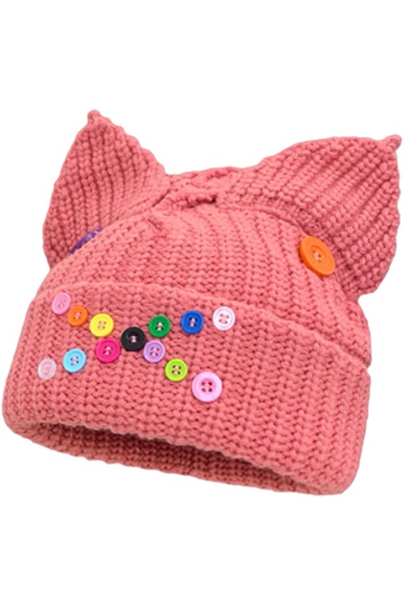 Beanies Hat for Women Fashion Knit Skull Beanie Cap Plush Warm Buttons Beanies Hat Cute Cat Ear Hat Winter Beanies Hat