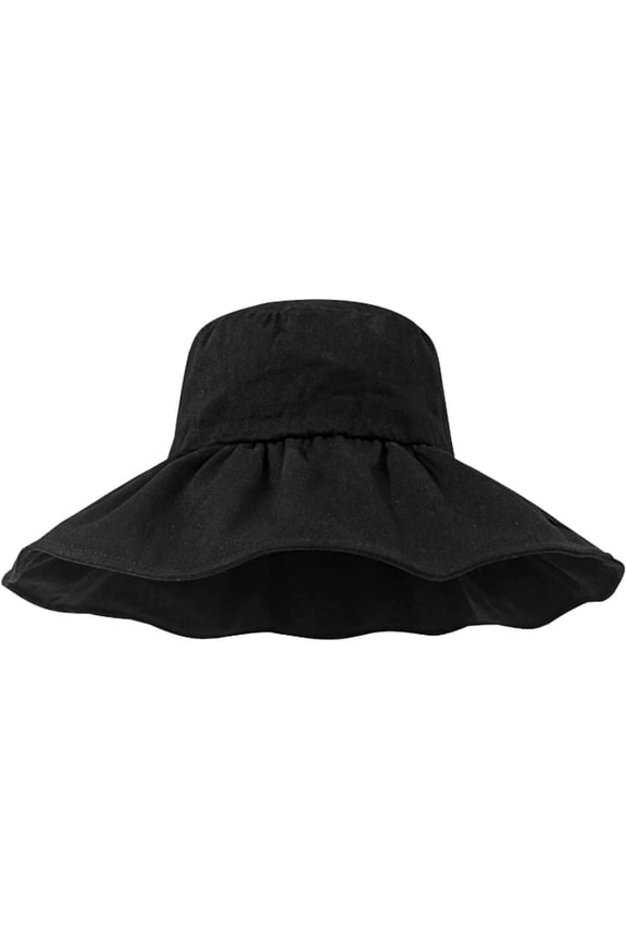 Black Bucket Hat Big Pleated Brim Summer Outdoor UV Protection Fisherman Hat Simple Solid Color Ladies Bucket Cap