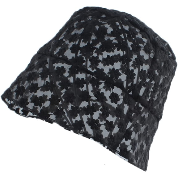 CoCopeaunts Black Bucket Hat Clear Flower Lace Hat for Women Floppy Foldable Summer Bucket Hats Wide Brim Dress Basin Hat