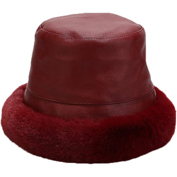 CoCopeaunts Black Bucket Hat Faux Leather Thickened Plush Brim Winter Hat for Outdoors Warm Fisherman Hat for Men