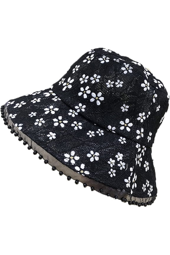 Black Bucket Hat for Women Soft Lace Flower Pearl Wide Brim Sun Hats Floppy Spring Summer Dress Ladies Basin Hat