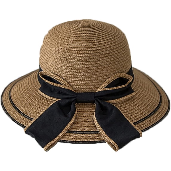 CoCopeaunts Bow Straw Bucket Hat for Women Summer Foldable Roll up Floppy Basin Hat Packable UV Protection Sun Hat Black Brim
