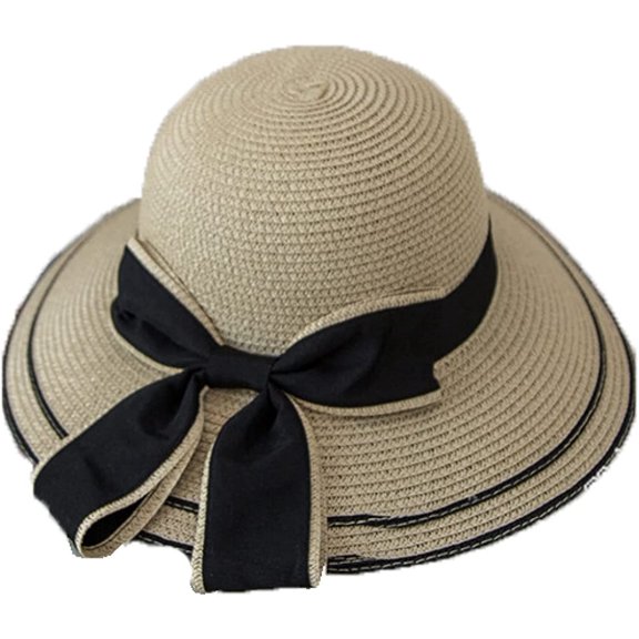 CoCopeaunts Bow Straw Bucket Hat for Women Summer Foldable Roll up Floppy Basin Hat Packable UV Protection Sun Hat Black Brim