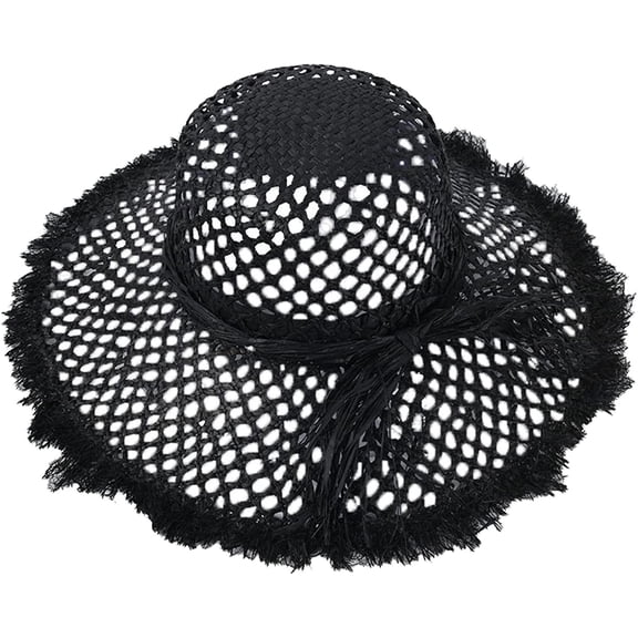 CoCopeaunts Breathable Hollow Straw Bucket Hat for Women Flat Top Wide Eaves Raw Edges Ladies Basin Hat Summer Beach Holiday