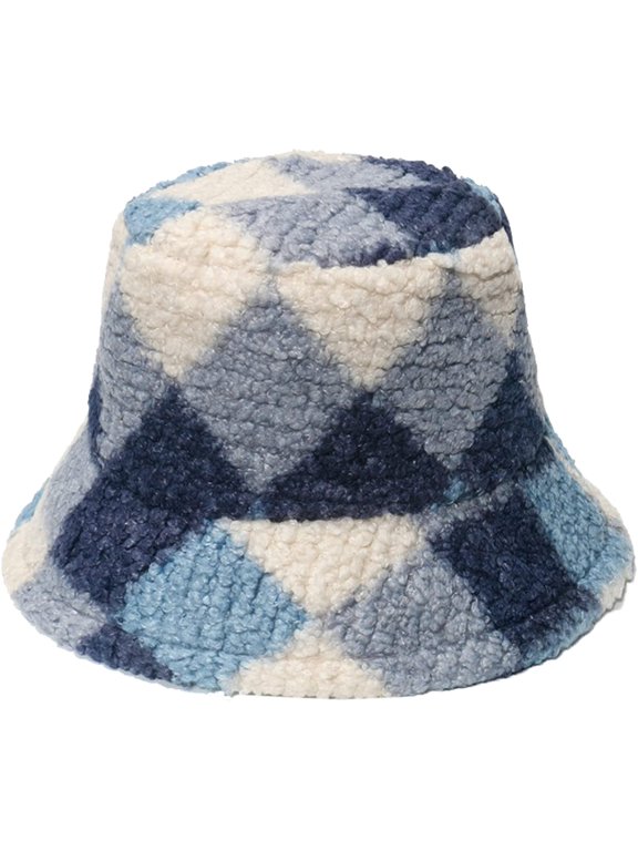 British Style Bucket Hat for Men Colorful Geometric Plaid Fleece Lambs Wool Winter Outdoor Warm Fisherman Hats