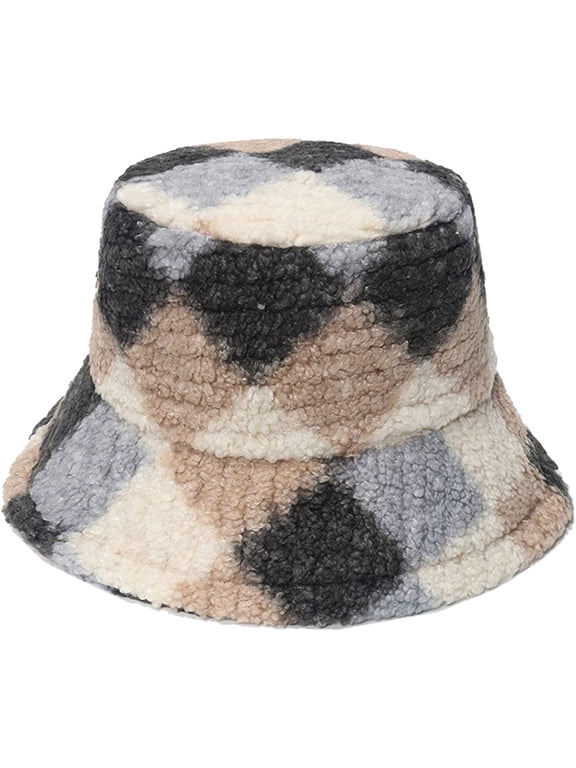 British Style Bucket Hat for Men Colorful Geometric Plaid Fleece Lambs Wool Winter Outdoor Warm Fisherman Hats