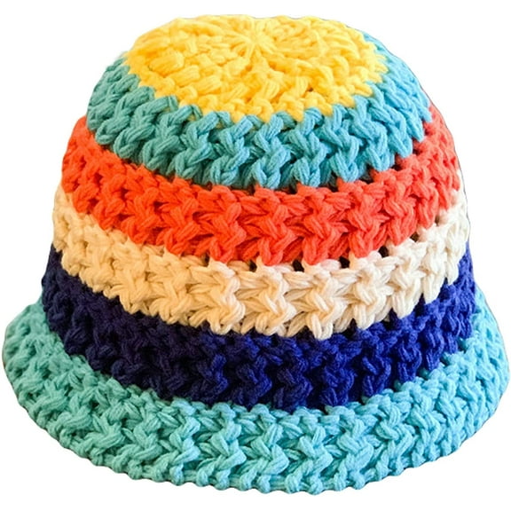 CoCopeaunts Bucket Hat Mix Colors Strip Autumn Winter Handmade Thick Knit Bowler Hat Matching Foldable Floppy Fisherman Hat